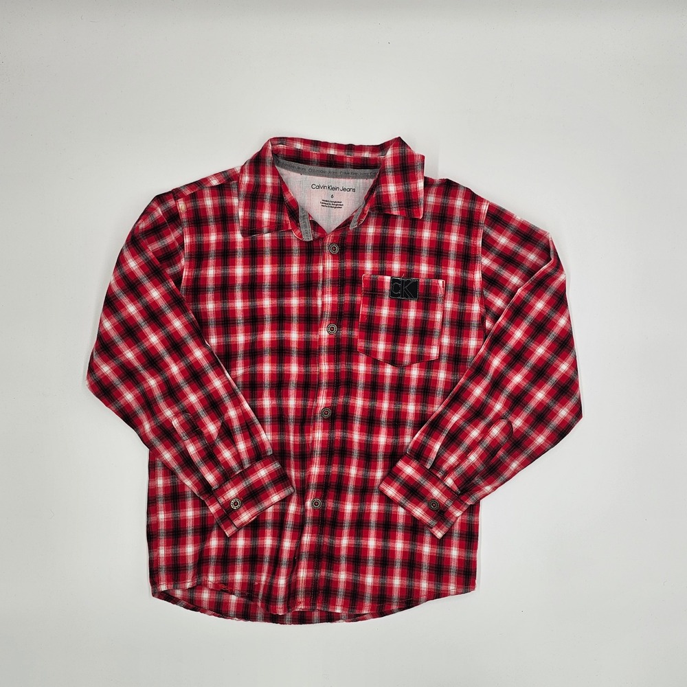 Calvin Klein Jeans Kids Plaid Long Sleeve Button Up Shirt Red‎ Black Size 6